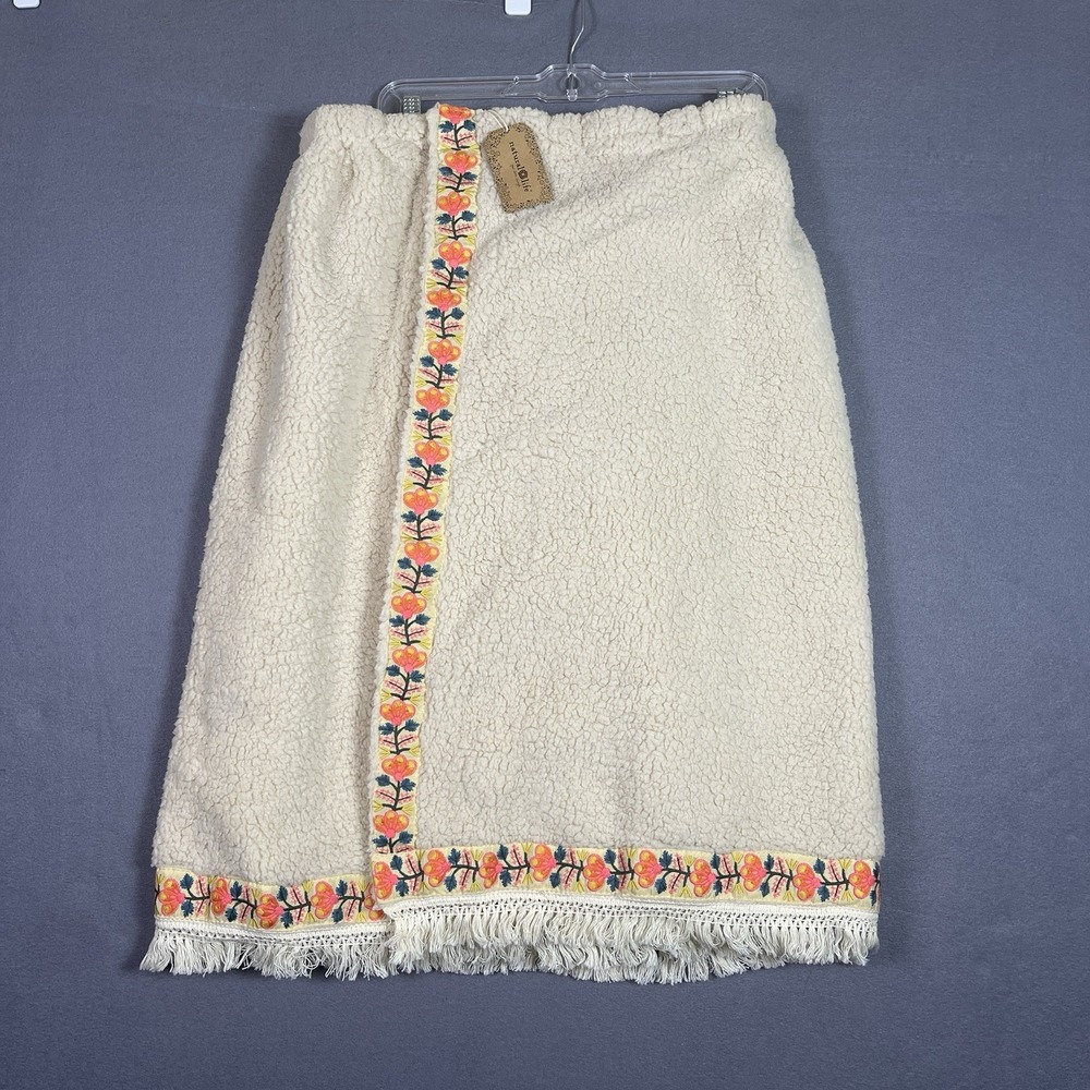 Natural Life Towel Wrap Women L/XL Beige Embroidered Boho Coverup BTWL000083